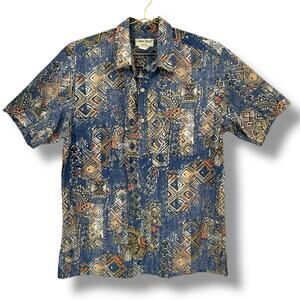 1990s Vintage Cooke Street Honolulu Camp Shirt, Blue Tiki Print Made in Hawaii L